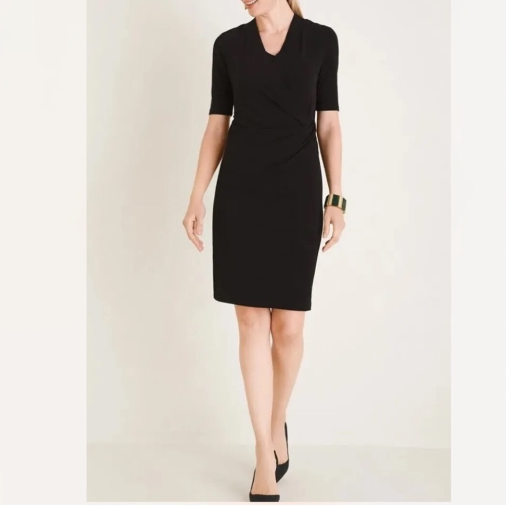 CHICOS NEW BLACK midi FAUX WRAP drape neck DRESS NWT Size (3) extra large